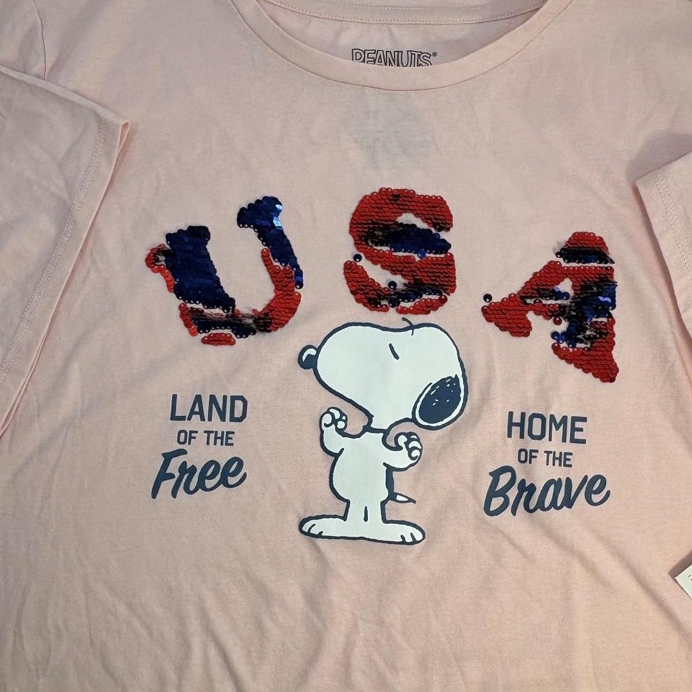 Peanuts Snoopy USA Land of the Free Sequin Graphic Tee Pink XL NEW